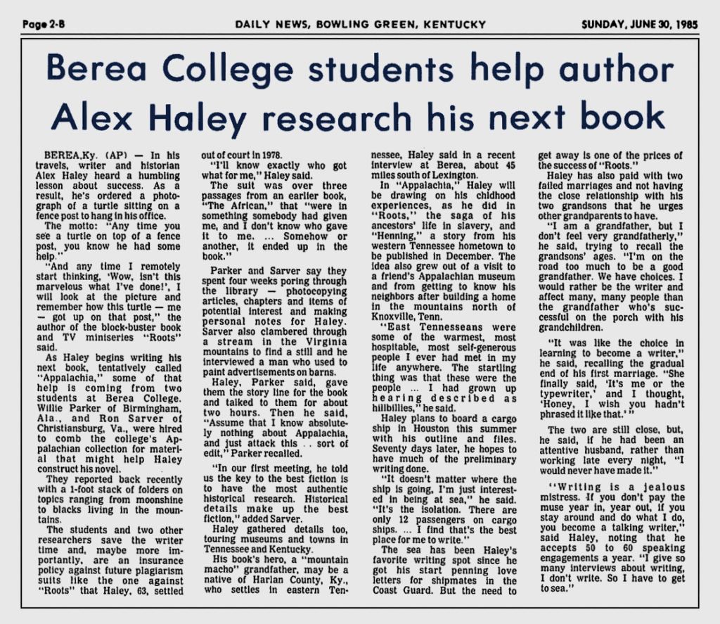 Berea College Students Help Author Alex Haley Research His Next Book